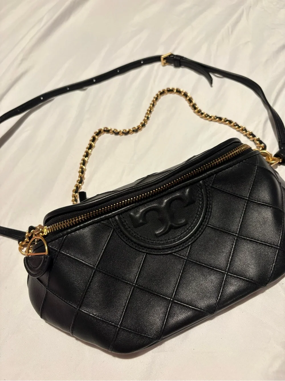 Tory Burch Black Quilted Leather belt bag with Gold Chain